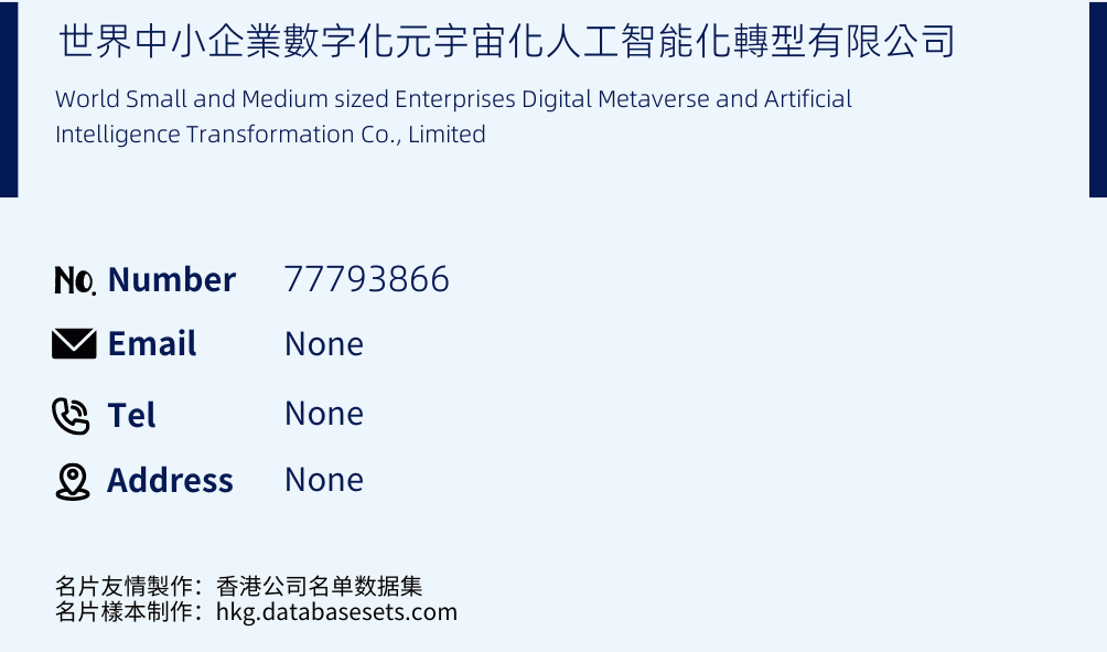 世界中小企業數字化元宇宙化人工智能化轉型有限公司 Business Card Sample