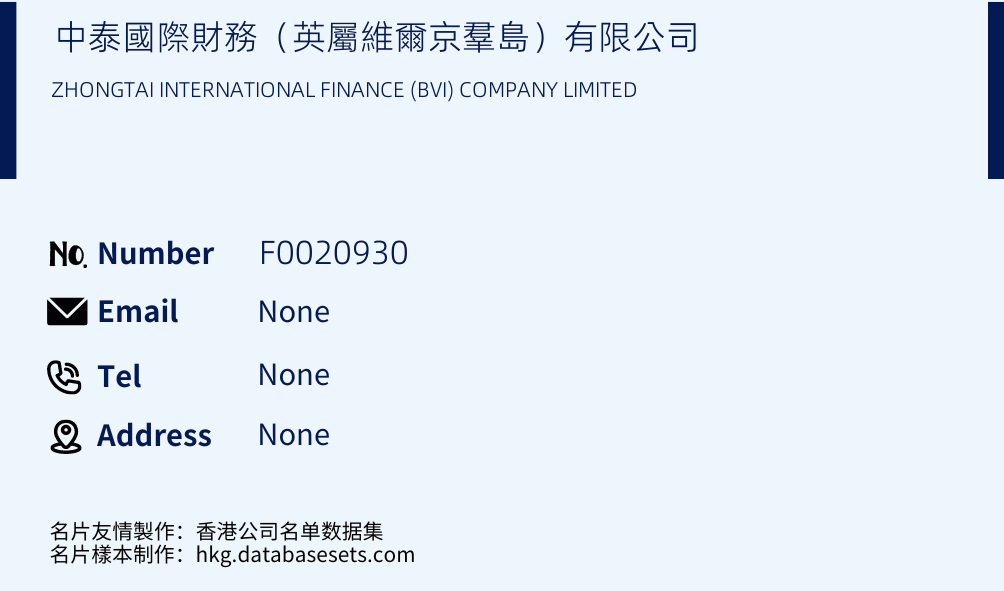 中泰國際財務（英屬維爾京羣島）有限公司 Business Card Sample